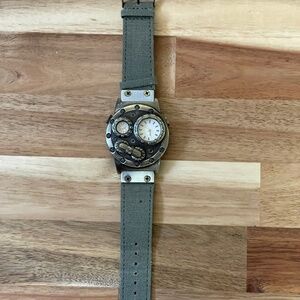 Verne Voyage Dual time Japan Brass Antique Steampunk Travel Watch - army green